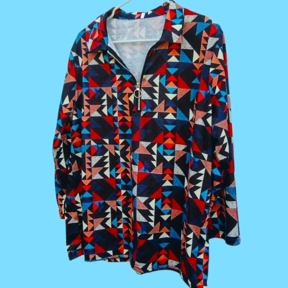 𝅺NWOT Ladies ethnic retro element long-sleeved V-neck zipper c102​​​​​